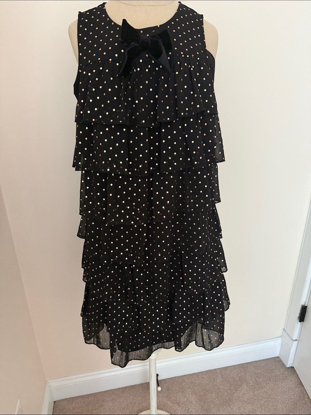 J. Crew Factory Black Tiered Mini Dress with Gold Polka Dots